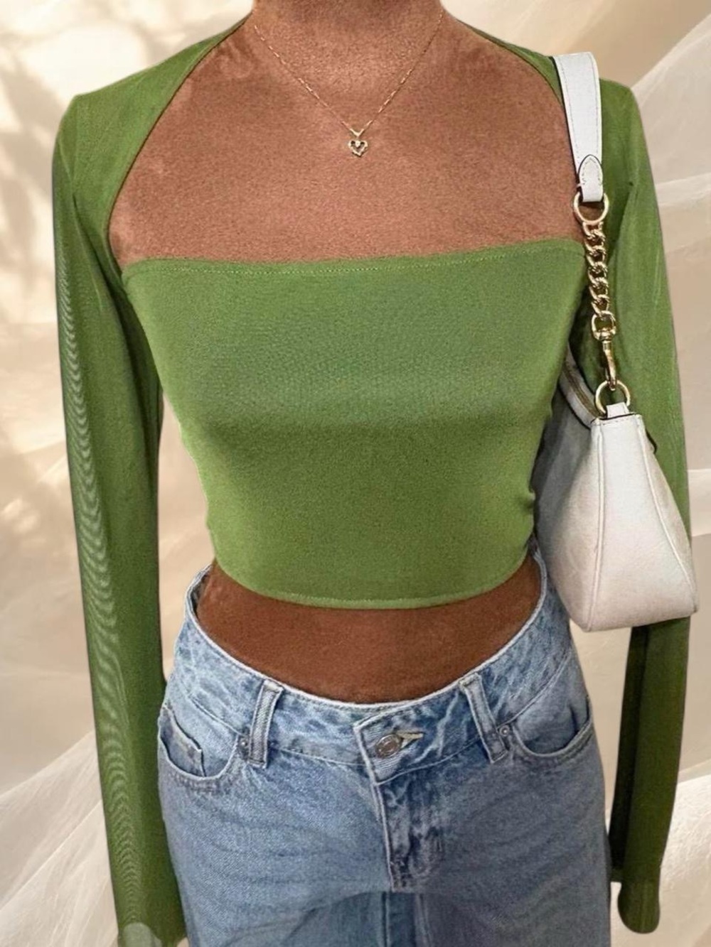 SHEIN Olive Green Tube Top and Mesh Shrug Set S